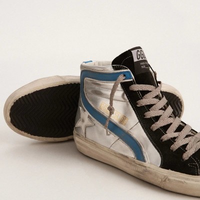 Golden Goose Slide Sneaker In Silver Metallic Leather With White Leather Star Golden Goose Slide Sneaker In Silver Metallic Leather With White Leather Star