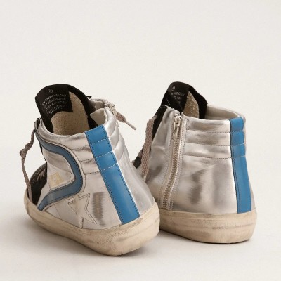 Golden Goose Slide Sneaker In Silver Metallic Leather With White Leather Star Golden Goose Slide Sneaker In Silver Metallic Leather With White Leather Star