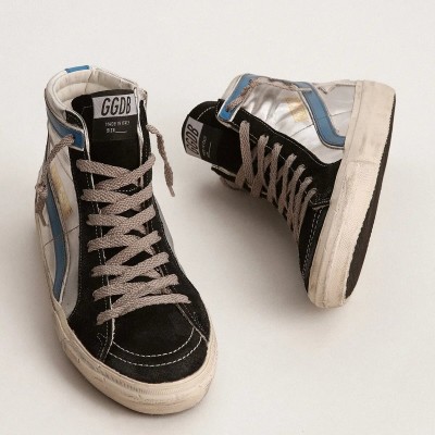 Golden Goose Slide Sneaker In Silver Metallic Leather With White Leather Star Golden Goose Slide Sneaker In Silver Metallic Leather With White Leather Star