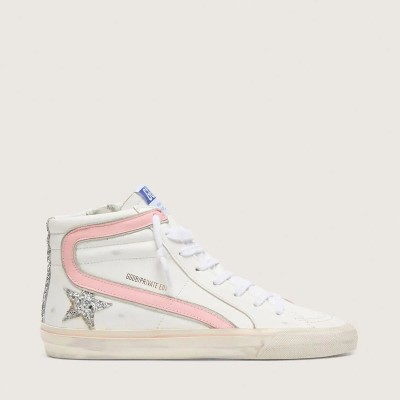 Golden Goose Slide Sneaker In White Leather With Silver Glitter Star And Pink Leather Flash Golden Goose Slide Sneaker In White Leather With Silver Glitter Star And Pink Leather Flash