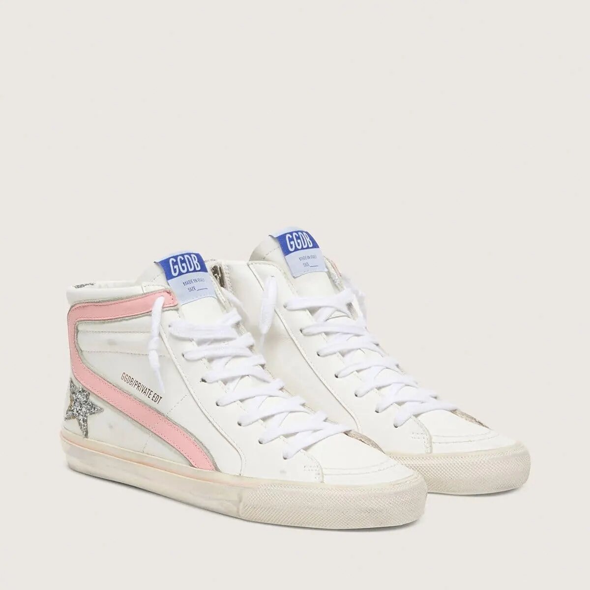 Golden Goose Slide Sneaker In White Leather With Silver Glitter Star And Pink Leather Flash Golden Goose Slide Sneaker In White Leather With Silver Glitter Star And Pink Leather Flash