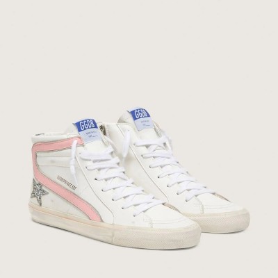 Golden Goose Slide Sneaker In White Leather With Silver Glitter Star And Pink Leather Flash Golden Goose Slide Sneaker In White Leather With Silver Glitter Star And Pink Leather Flash