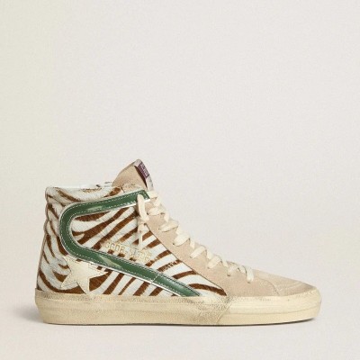 Golden Goose Slide Sneaker In Zebra-Print Pony Skin With Green Laminated Leather Flash Golden Goose Slide Sneaker In Zebra-Print Pony Skin With Green Laminated Leather Flash