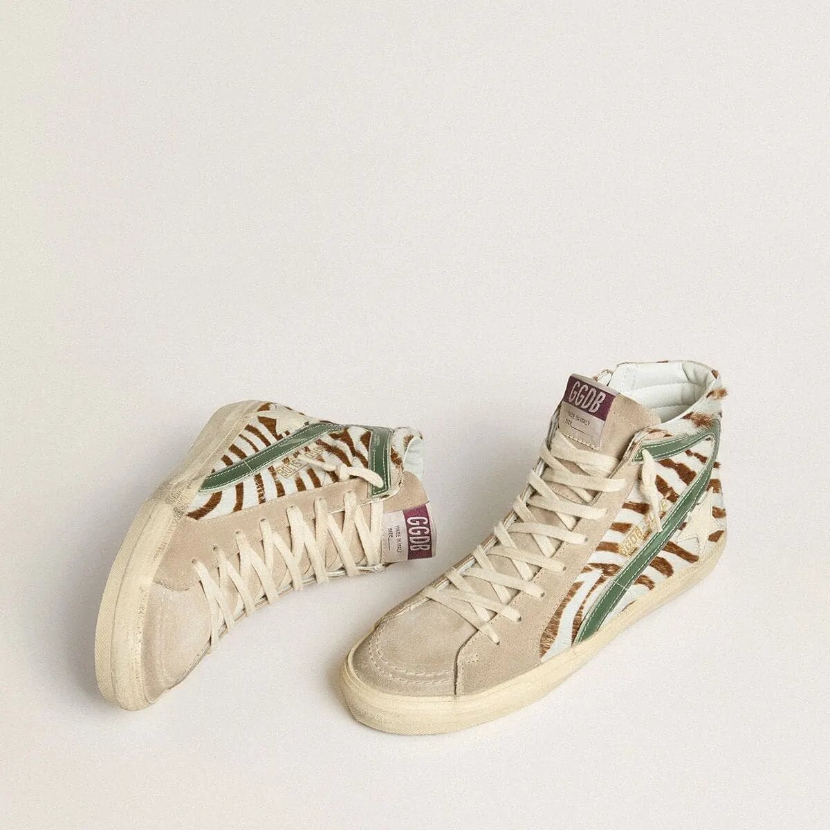 Golden Goose Slide Sneaker In Zebra-Print Pony Skin With Green Laminated Leather Flash Golden Goose Slide Sneaker In Zebra-Print Pony Skin With Green Laminated Leather Flash