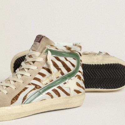 Golden Goose Slide Sneaker In Zebra-Print Pony Skin With Green Laminated Leather Flash Golden Goose Slide Sneaker In Zebra-Print Pony Skin With Green Laminated Leather Flash