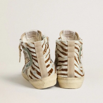 Golden Goose Slide Sneaker In Zebra-Print Pony Skin With Green Laminated Leather Flash Golden Goose Slide Sneaker In Zebra-Print Pony Skin With Green Laminated Leather Flash