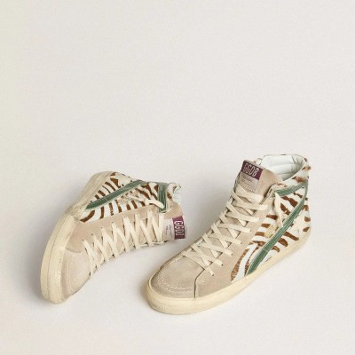 Golden Goose Slide Sneaker In Zebra-Print Pony Skin With Green Laminated Leather Flash Golden Goose Slide Sneaker In Zebra-Print Pony Skin With Green Laminated Leather Flash