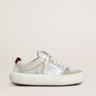 Golden Goose Space-Star Cube Sneaker In Ice-Gray And Silver Leather With Burgundy Heel Tab Golden Goose Space-Star Cube Sneaker In Ice-Gray And Silver Leather With Burgundy Heel Tab