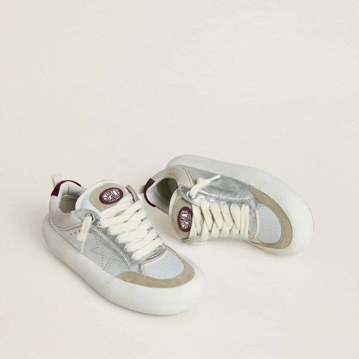Golden Goose Space-Star Cube Sneaker In Ice-Gray And Silver Leather With Burgundy Heel Tab Golden Goose Space-Star Cube Sneaker In Ice-Gray And Silver Leather With Burgundy Heel Tab