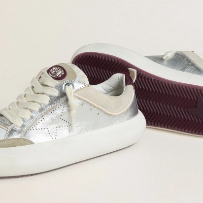 Golden Goose Space-Star Cube Sneaker In Ice-Gray And Silver Leather With Burgundy Heel Tab Golden Goose Space-Star Cube Sneaker In Ice-Gray And Silver Leather With Burgundy Heel Tab