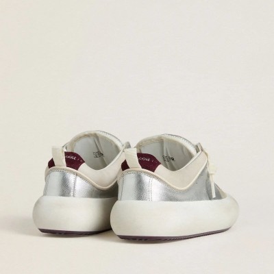 Golden Goose Space-Star Cube Sneaker In Ice-Gray And Silver Leather With Burgundy Heel Tab Golden Goose Space-Star Cube Sneaker In Ice-Gray And Silver Leather With Burgundy Heel Tab