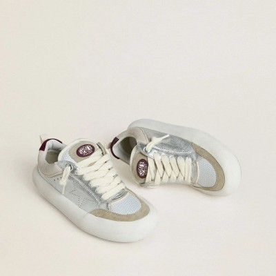 Golden Goose Space-Star Cube Sneaker In Ice-Gray And Silver Leather With Burgundy Heel Tab Golden Goose Space-Star Cube Sneaker In Ice-Gray And Silver Leather With Burgundy Heel Tab
