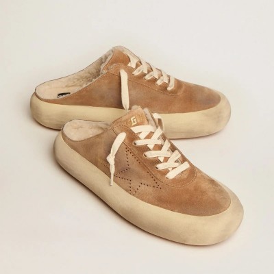 Golden Goose Space-Star Sabot Sneaker In Tobacco-Colored Suede With Shearling Lining Golden Goose Space-Star Sabot Sneaker In Tobacco-Colored Suede With Shearling Lining