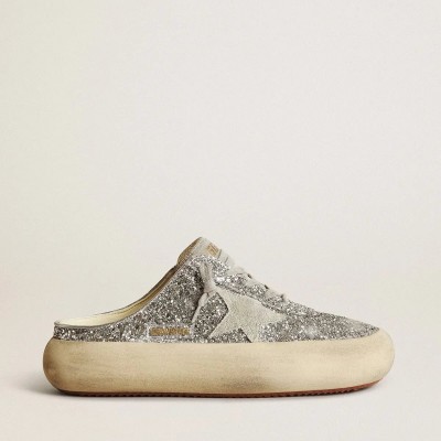 Golden Goose Space-Star Sabot Sneaker In Glitter With Ice-Gray Star And Tab Golden Goose Space-Star Sabot Sneaker In Glitter With Ice-Gray Star And Tab