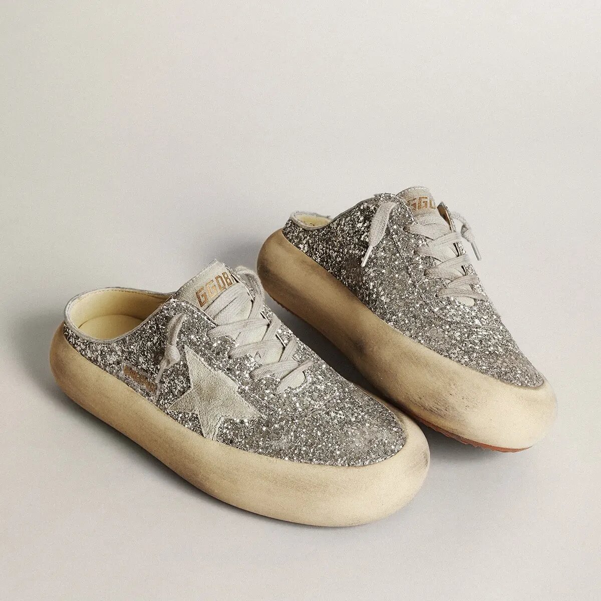 Golden Goose Space-Star Sabot Sneaker In Glitter With Ice-Gray Star And Tab Golden Goose Space-Star Sabot Sneaker In Glitter With Ice-Gray Star And Tab
