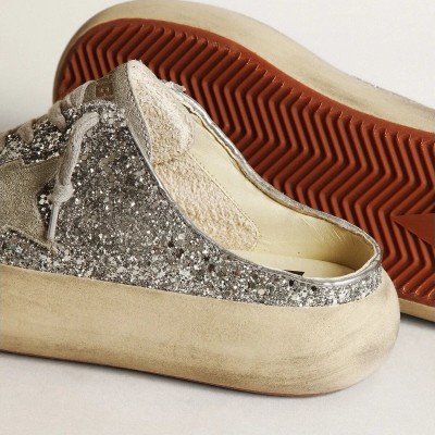 Golden Goose Space-Star Sabot Sneaker In Glitter With Ice-Gray Star And Tab Golden Goose Space-Star Sabot Sneaker In Glitter With Ice-Gray Star And Tab