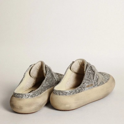 Golden Goose Space-Star Sabot Sneaker In Glitter With Ice-Gray Star And Tab Golden Goose Space-Star Sabot Sneaker In Glitter With Ice-Gray Star And Tab
