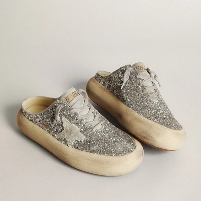 Golden Goose Space-Star Sabot Sneaker In Glitter With Ice-Gray Star And Tab Golden Goose Space-Star Sabot Sneaker In Glitter With Ice-Gray Star And Tab