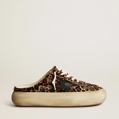 Golden Goose Space-Star Sabot Sneaker In Leopard Print Pony Skin With Black Star Golden Goose Space-Star Sabot Sneaker In Leopard Print Pony Skin With Black Star