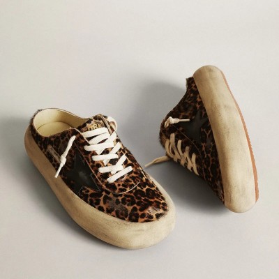 Golden Goose Space-Star Sabot Sneaker In Leopard Print Pony Skin With Black Star Golden Goose Space-Star Sabot Sneaker In Leopard Print Pony Skin With Black Star