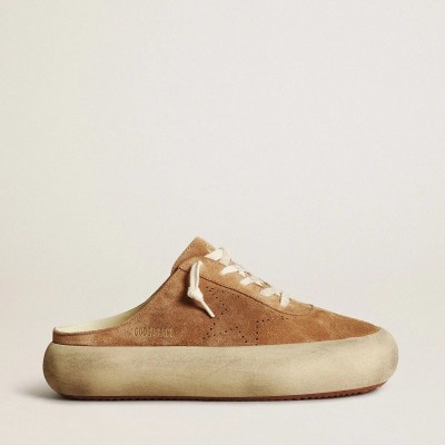 Golden Goose Space-Star Sabot Sneaker In Tobacco-Colored Suede With Perforated Star Golden Goose Space-Star Sabot Sneaker In Tobacco-Colored Suede With Perforated Star