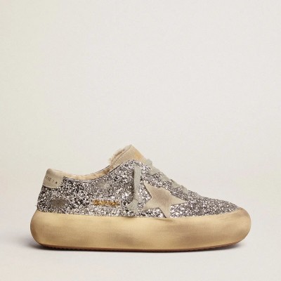 Golden Goose Space-Star Sneaker In Silver Glitter With Shearling Lining