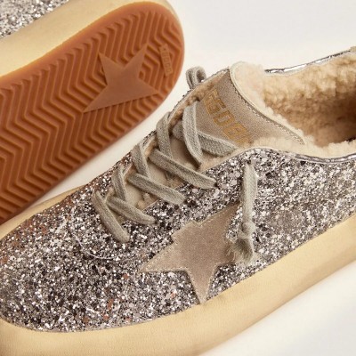 Golden Goose Space-Star Sneaker In Silver Glitter With Shearling Lining
