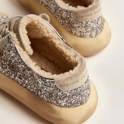 Golden Goose Space-Star Sneaker In Silver Glitter With Shearling Lining