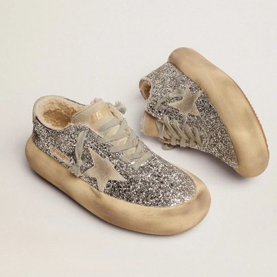 Golden Goose Space-Star Sneaker In Silver Glitter With Shearling Lining Golden Goose Space-Star Sneaker In Silver Glitter With Shearling Lining