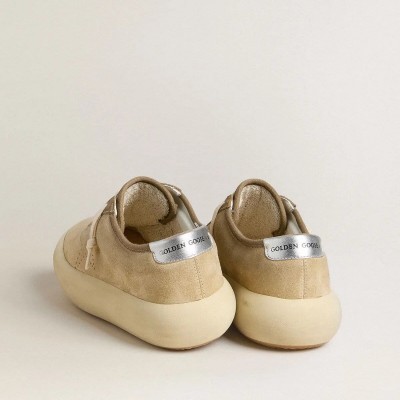 Golden Goose Space-Star Sneaker In Beige Suede With Perforated Star And Metallic Silver Heel Tab Golden Goose Space-Star Sneaker In Beige Suede With Perforated Star And Metallic Silver Heel Tab