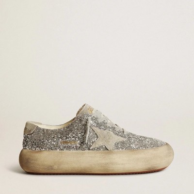 Golden Goose Space-Star Sneaker In Silver Glitter With Ice-Gray Star Golden Goose Space-Star Sneaker In Silver Glitter With Ice-Gray Star
