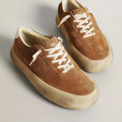 Golden Goose Space-Star Sneaker In Tobacco-Colored Suede With Perforated Star Golden Goose Space-Star Sneaker In Tobacco-Colored Suede With Perforated Star