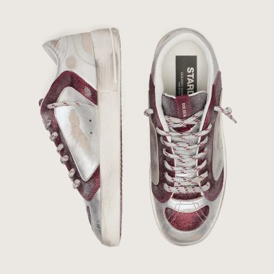 Golden Goose Stardan Lab Sneaker In Burgundy And Silver Leather And Glitter