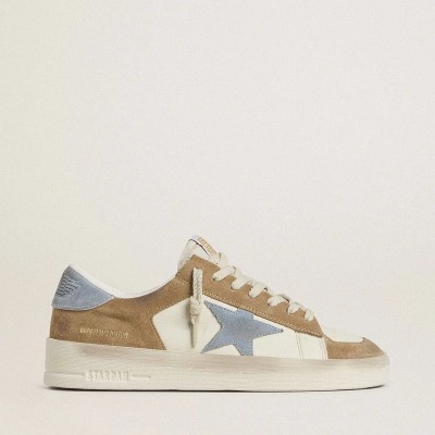 Golden Goose Stardan Ltd Sneaker In White Leather And Tobacco Suede With Light Blue Suede Star And Heel Tab Golden Goose Stardan Ltd Sneaker In White Leather And Tobacco Suede With Light Blue Suede Star And Heel Tab