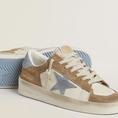 Golden Goose Stardan Ltd Sneaker In White Leather And Tobacco Suede With Light Blue Suede Star And Heel Tab Golden Goose Stardan Ltd Sneaker In White Leather And Tobacco Suede With Light Blue Suede Star And Heel Tab