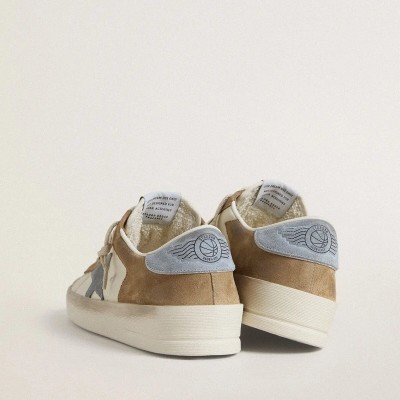 Golden Goose Stardan Ltd Sneaker In White Leather And Tobacco Suede With Light Blue Suede Star And Heel Tab Golden Goose Stardan Ltd Sneaker In White Leather And Tobacco Suede With Light Blue Suede Star And Heel Tab