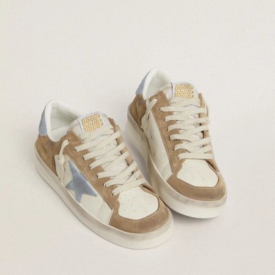 Golden Goose Stardan Ltd Sneaker In White Leather And Tobacco Suede With Light Blue Suede Star And Heel Tab
