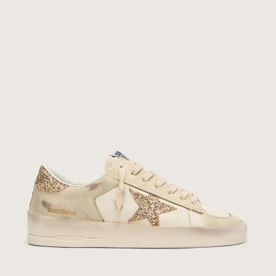 Golden Goose Stardan Sneaker In Ecru Nappa Leather With Gold Glitter Star And Heel Tab Golden Goose Stardan Sneaker In Ecru Nappa Leather With Gold Glitter Star And Heel Tab