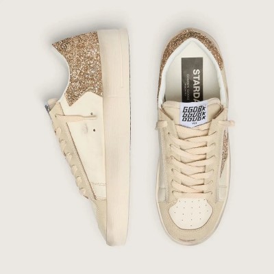 Golden Goose Stardan Sneaker In Ecru Nappa Leather With Gold Glitter Star And Heel Tab Golden Goose Stardan Sneaker In Ecru Nappa Leather With Gold Glitter Star And Heel Tab