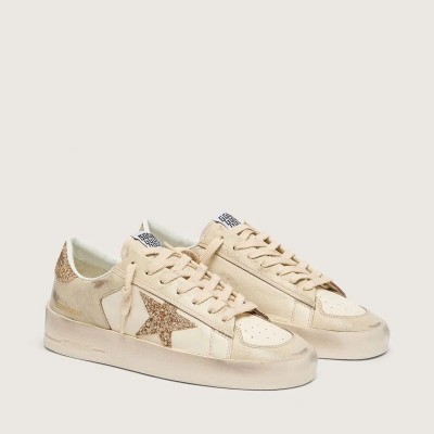 Golden Goose Stardan Sneaker In Ecru Nappa Leather With Gold Glitter Star And Heel Tab Golden Goose Stardan Sneaker In Ecru Nappa Leather With Gold Glitter Star And Heel Tab