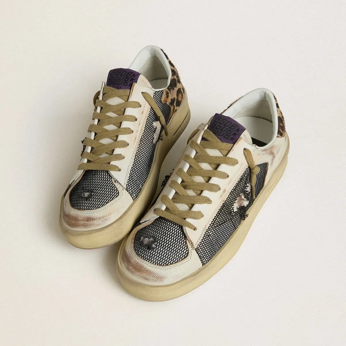 Golden Goose Stardan Sneaker In Nappa And Mesh With Leopard-Print Pony Skin Heel Tab Golden Goose Stardan Sneaker In Nappa And Mesh With Leopard-Print Pony Skin Heel Tab