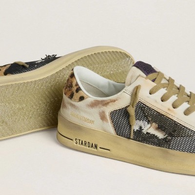 Golden Goose Stardan Sneaker In Nappa And Mesh With Leopard-Print Pony Skin Heel Tab Golden Goose Stardan Sneaker In Nappa And Mesh With Leopard-Print Pony Skin Heel Tab