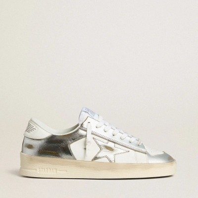 Golden Goose Stardan Sneaker In Silver Foiled Leather With White Heel Tab Golden Goose Stardan Sneaker In Silver Foiled Leather With White Heel Tab