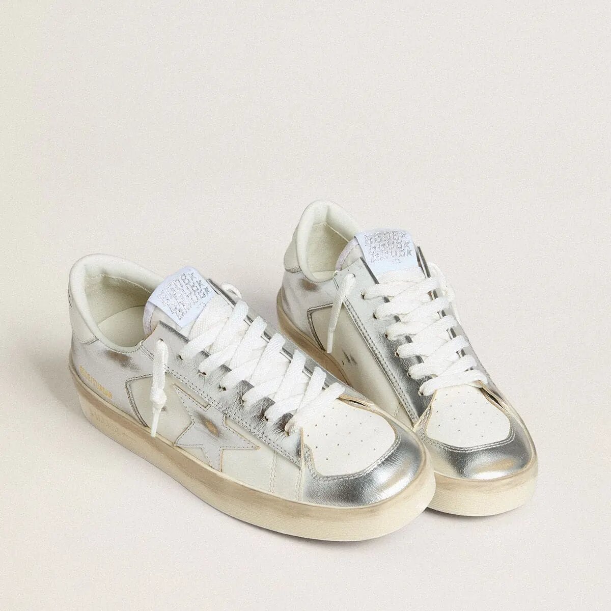 Golden Goose Stardan Sneaker In Silver Foiled Leather With White Heel Tab Golden Goose Stardan Sneaker In Silver Foiled Leather With White Heel Tab