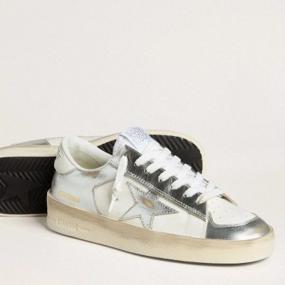 Golden Goose Stardan Sneaker In Silver Foiled Leather With White Heel Tab Golden Goose Stardan Sneaker In Silver Foiled Leather With White Heel Tab