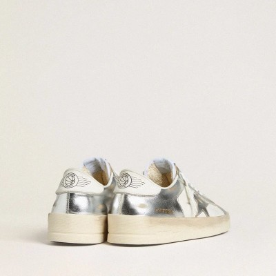 Golden Goose Stardan Sneaker In Silver Foiled Leather With White Heel Tab Golden Goose Stardan Sneaker In Silver Foiled Leather With White Heel Tab