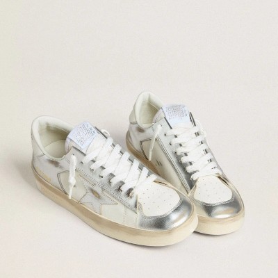 Golden Goose Stardan Sneaker In Silver Foiled Leather With White Heel Tab Golden Goose Stardan Sneaker In Silver Foiled Leather With White Heel Tab