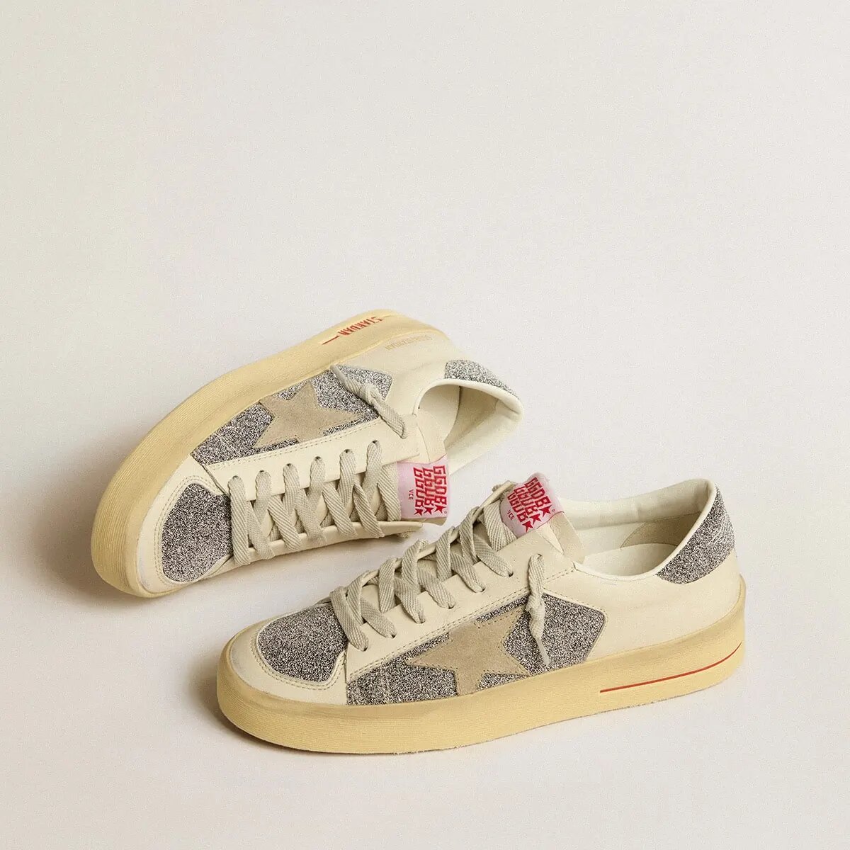 Golden Goose Stardan Sneaker In Suede With Sand Star And Silver Swarovski Crystal Inserts Golden Goose Stardan Sneaker In Suede With Sand Star And Silver Swarovski Crystal Inserts