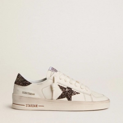 Golden Goose Stardan Sneaker In White Leather With Brown Glitter Star And Heel Tab Golden Goose Stardan Sneaker In White Leather With Brown Glitter Star And Heel Tab