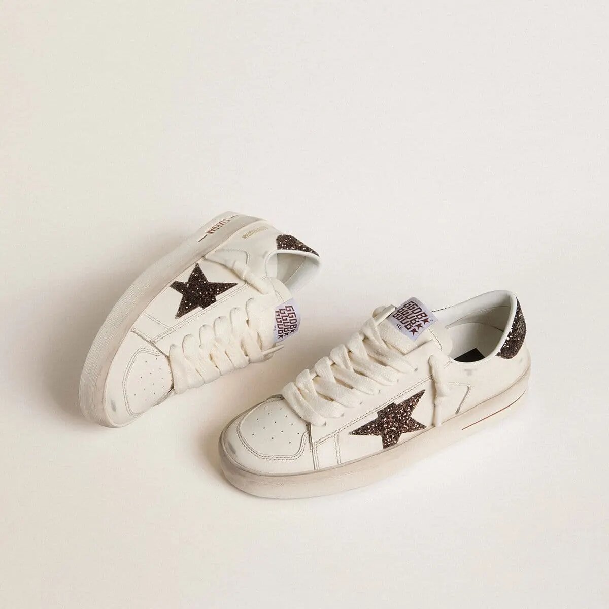 Golden Goose Stardan Sneaker In White Leather With Brown Glitter Star And Heel Tab Golden Goose Stardan Sneaker In White Leather With Brown Glitter Star And Heel Tab
